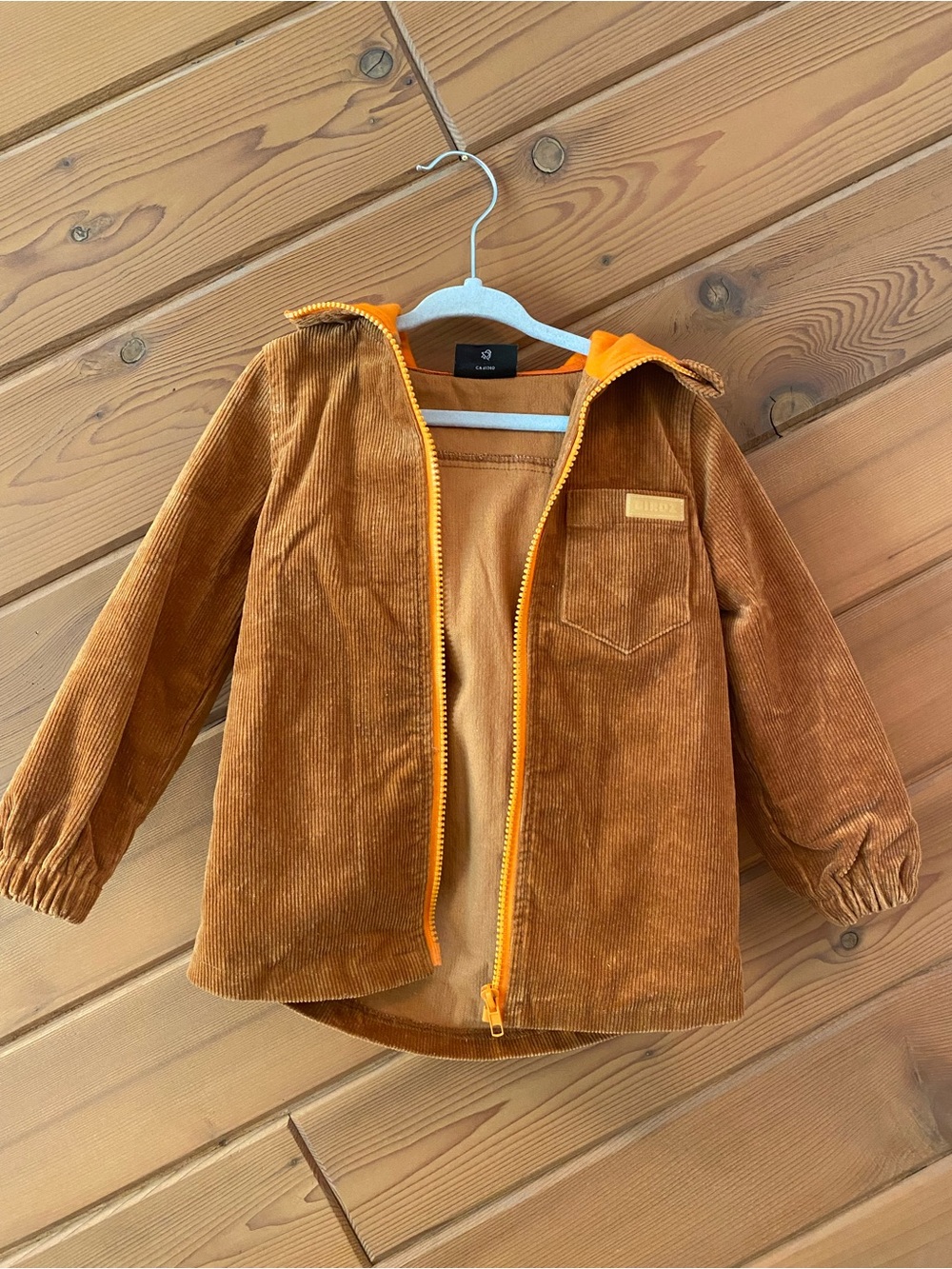 Birdz Corduroy Hooded Jacket in Brown with Orange Trim